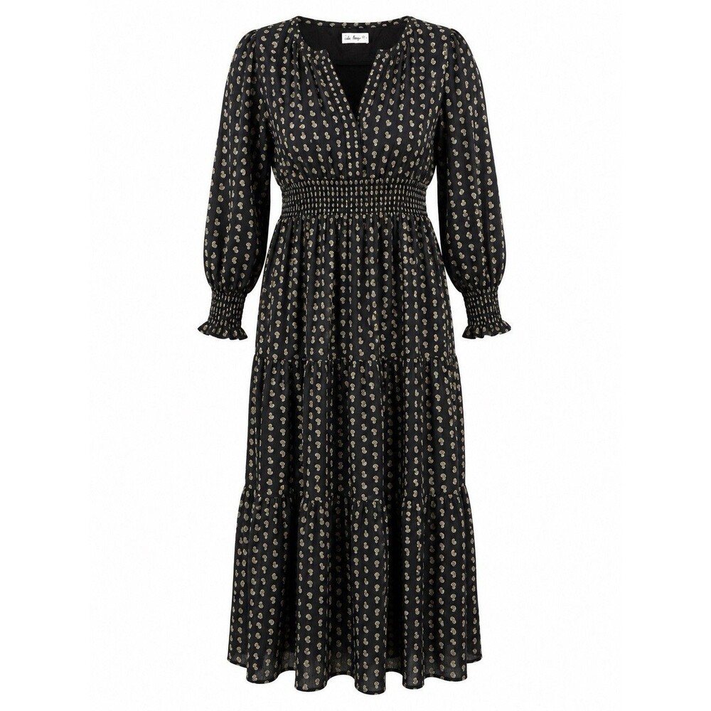 In Loom Black Paisley Print Boho Maxi Dress Smocked Waist Long Sleeve Size S - Picture 1 of 8